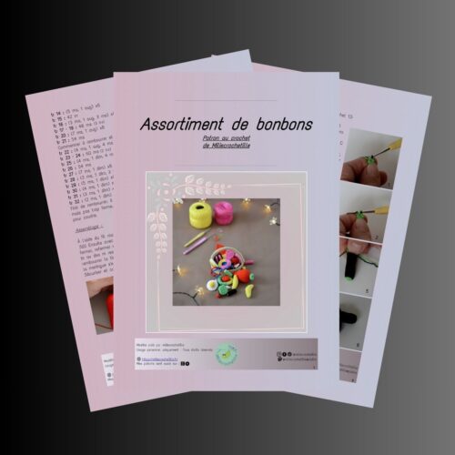 Montage photo montrant plusieurs pages du patron d'assortiment de bonbons.