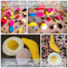 Montage de plusieurs photos montrant des bonbons crochetés colorés (bouteilles de cola, bananes, œufs au plat, réglisses, fraises, etc) réalisés par différentes testeuses. Les créations sont disposées sur des fonds variés : napperon rose, tissu léopard et surface sombre. Les crédits @maillesetpaillettes et @les.bonheurs_de_sophie apparaissent en texte sur les images.