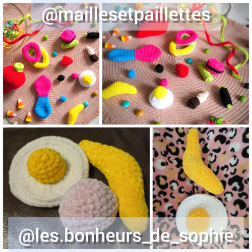 Montage de plusieurs photos montrant des bonbons crochetés colorés (bouteilles de cola, bananes, œufs au plat, réglisses, fraises, etc) réalisés par différentes testeuses. Les créations sont disposées sur des fonds variés : napperon rose, tissu léopard et surface sombre. Les crédits @maillesetpaillettes et @les.bonheurs_de_sophie apparaissent en texte sur les images.