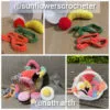 Montage de plusieurs photos montrant des bonbons crochetés colorés (bouteilles de cola, bananes, œufs au plat, réglisses, fraises, etc) réalisés par différentes testeuses. Les mises en scène incluent un fond en bois, une bonbonière et un panier crocheté rempli de bonbons. Les crédits @sunflowerscrocheter et @nath.arth apparaissent en texte sur les images.