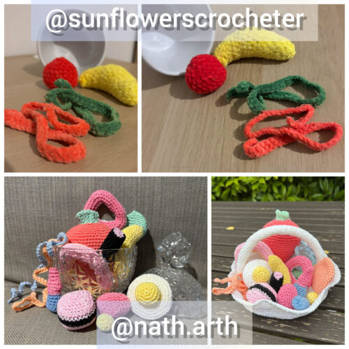 Montage de plusieurs photos montrant des bonbons crochetés colorés (bouteilles de cola, bananes, œufs au plat, réglisses, fraises, etc) réalisés par différentes testeuses. Les mises en scène incluent un fond en bois, une bonbonière et un panier crocheté rempli de bonbons. Les crédits @sunflowerscrocheter et @nath.arth apparaissent en texte sur les images.