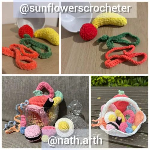 Montage de plusieurs photos montrant des bonbons crochetés colorés (bouteilles de cola, bananes, œufs au plat, réglisses, fraises, etc) réalisés par différentes testeuses. Les mises en scène incluent un fond en bois, une bonbonière et un panier crocheté rempli de bonbons. Les crédits @sunflowerscrocheter et @nath.arth apparaissent en texte sur les images.
