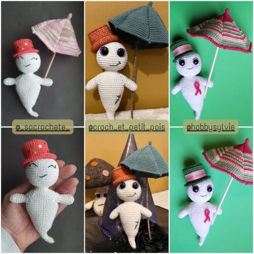 Montage photo de différents fantômes crochetés, réalisés par les testeuses du patron de Gaspard le fantôme.