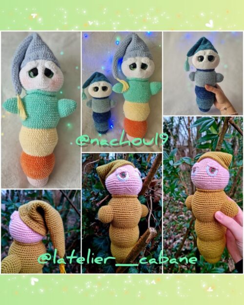 Montage photo de différentes lucioles crochetées, réalisées par les testeuses du patron de Lueur la luciole.