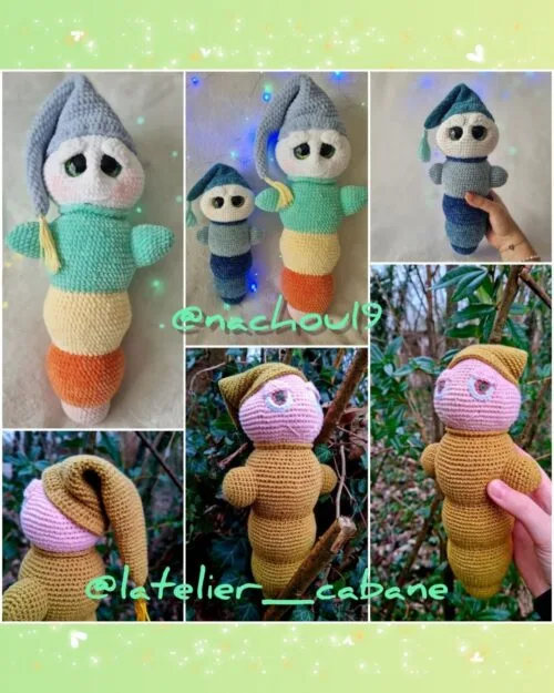 Montage photo de différentes lucioles crochetées, réalisées par les testeuses du patron de Lueur la luciole.