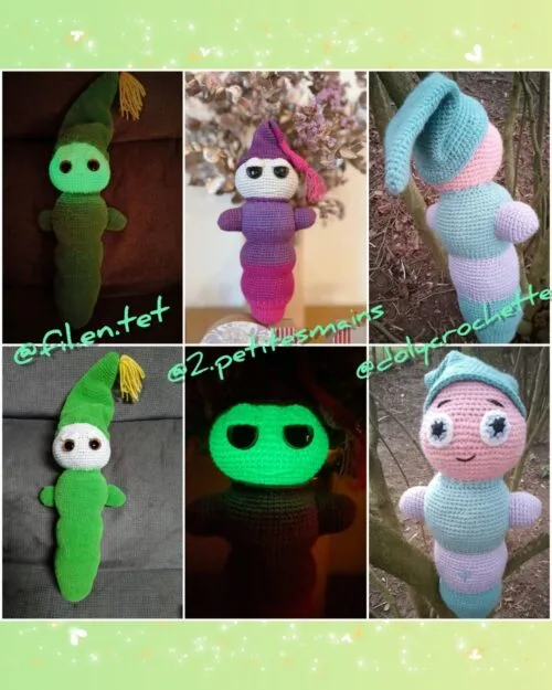 Montage photo de différentes lucioles crochetées, réalisées par les testeuses du patron de Lueur la luciole.