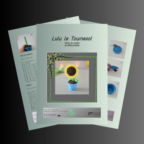 Montage photo montrant plusieurs pages du patron de Lulu le tournesol