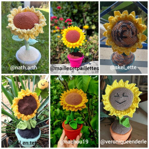 montage photo de 6 différents tournesols crochetés, réalisés par les testeuses du patron de Lulu le tournesol