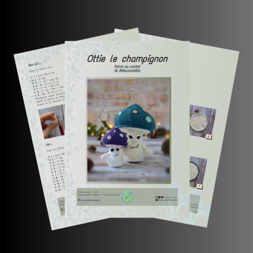 Montage photo montrant plusieurs pages du patron d'Ottie le champignon