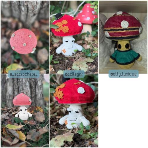 Montage photo de différents champignons crochetées, réalisés par les testeuses du patron d'Ottie le champignon.