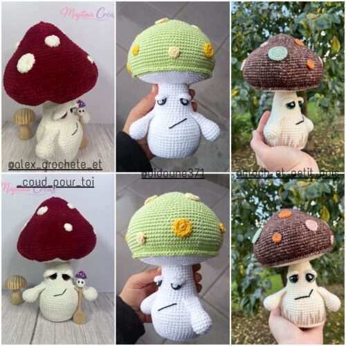 Montage photo de différents champignons crochetées, réalisés par les testeuses du patron d'Ottie le champignon.