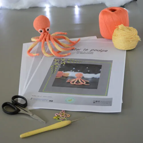 Sur un fond gris, sont posés plusieurs pages du patron de crochet de Wlater le poulpe. Dans le coin supérieur gauche des pages, le poulpe crocheté en corail et jaune est posé nous regardant, sur la droite se trouve les pelotes de la couleur du poulpe. À l'avant plan, se trouve des ciseaux, des anneaux marqueurs ainsi qu'un crochet. En arrière plan, il y a une guirlande lumineuse ainsi qu'un nuage de ouate.