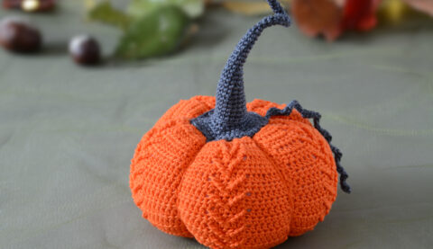 Petite citrouille au crochet de couleur orange vif. La tige, fine et tordue, est crochetée en fil gris foncé. Elle est posée sur un fond vert avec des feuilles d’automne , des marrons flous ainsi qu'une guirlande lumineuse à l’arrière-plan.