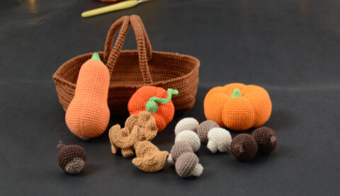 sur un fond gris foncé, il y a un panier crocheté en marron, devant lui sont disposés des légumes d'automne : plusieurs variétés de courge (potimarron, butternut et courge), divers champignons (girolles, champignons de Paris et champignons bruns) ainsi que des chataîgnes. À l'arrière plan, sur la gauche il y a 2 pelotes jaune et corail et un crochet. En fond est disposé un nuage de ouate et une guirlande lumineuse.
