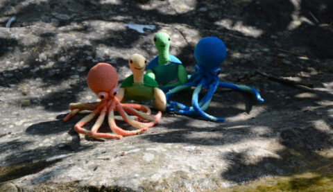 Quatre amigurumis posés sur un rocher au bord de l'eau : deux poulpes crochetés, l'un corail et jaune pastel et l'autre bleu et vert d'eau, ainsi que deux tortues, l'une verte et jaune et l'autre turquoise et verte. Le soleil filtre à travers les feuillages, projetant des ombres sur la pierre. Les personnages regardent en direction de l'eau en contrebas.